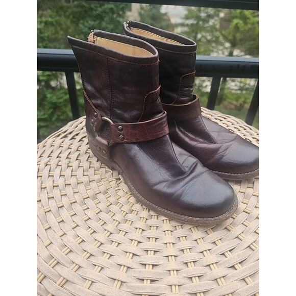 Frye Phillip Harness Short Brown Leather Motorcycle Rear Zip Boots Women's 5.5 B - Picture 3 of 14